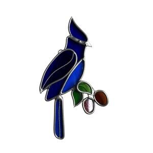 Vintage Stained Glass Blue Bird Suncatcher Cobalt Blue Green Leaves 6x3